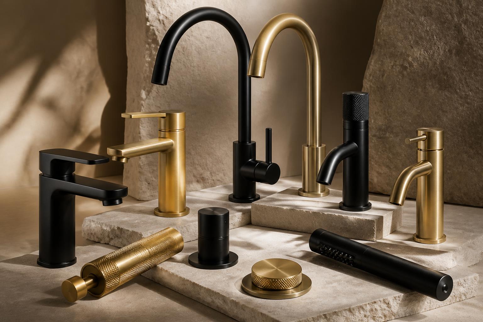 Torneiras e acessórios em preto fosco e dourado